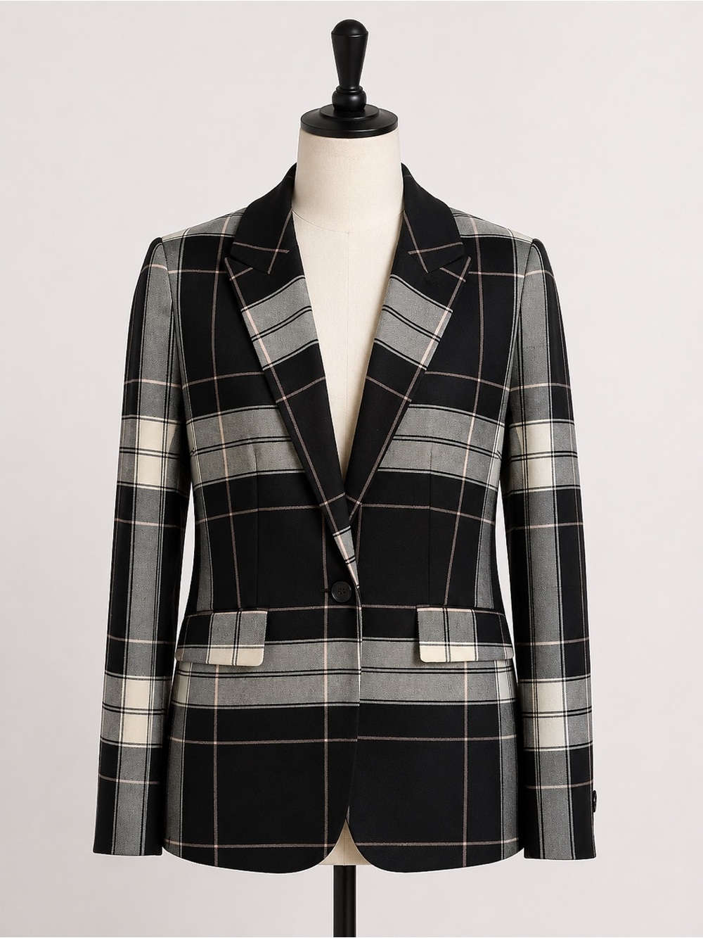 H&M Black Gray Windowpane Plaid Tailored Blazer Jacket Single Button.